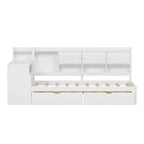 Letto a L in legno con sette armadietti e due cassetti contenitori Scrivania Libreria per camera da letto Bianco