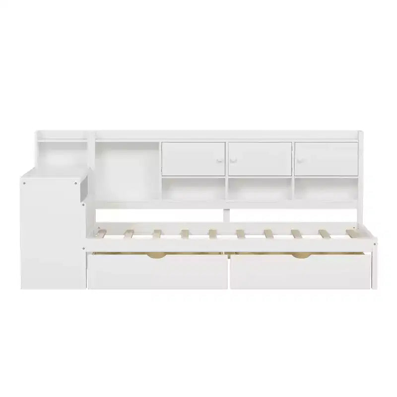 Letto a L in legno con sette armadietti e due cassetti contenitori Scrivania Libreria per camera da letto Bianco