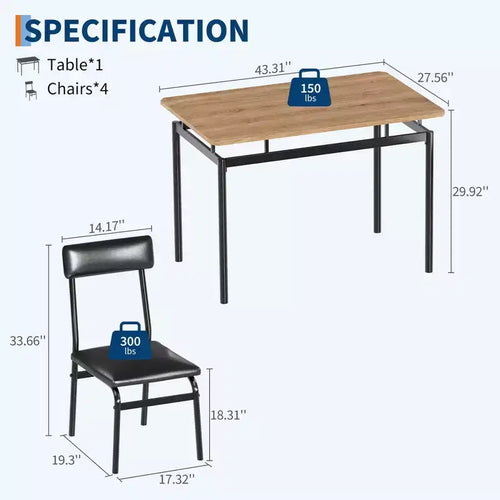 Set da pranzo da 5 pezzi, Set tavolo da cucina in legno con 4 sedie imbottite in PU, Set dinette industriale con struttura in metallo per sala da pranzo, cene in casa, feste