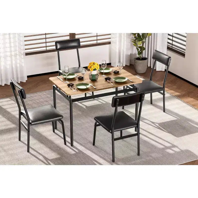 Set da pranzo da 5 pezzi, Set tavolo da cucina in legno con 4 sedie imbottite in PU, Set dinette industriale con struttura in metallo per sala da pranzo, cene in casa, feste