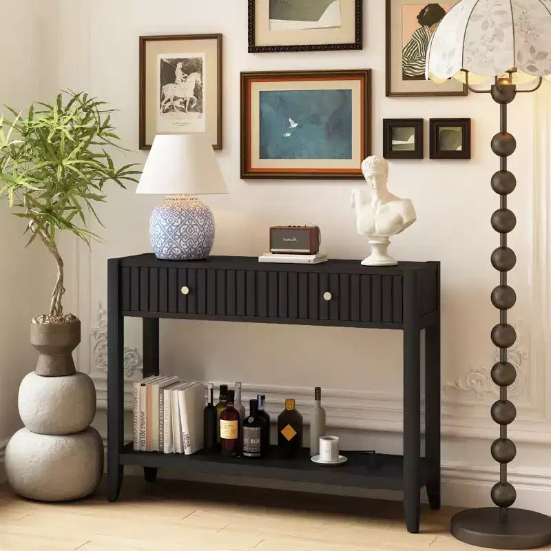 JVNOXK 39-inch console table with drawers, narrow wooden side table featuring a central storage shelf, suitable for hallways or living rooms, black