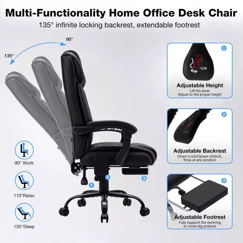 Sedia da Ufficio Ergonomica con Massaggio a 6 Punti e Reclinabile, Regolabile, in Similpelle, Supporta 180 kg, Perfetta per l'Ufficio Domestico