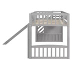 Letto a soppalco singolo con scivolo, struttura in legno con scalini contenitore e sponde di sicurezza, ideale per camerette.