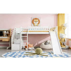Letto a soppalco singolo con scivolo, struttura in legno con scalini contenitore e sponde di sicurezza, ideale per camerette.