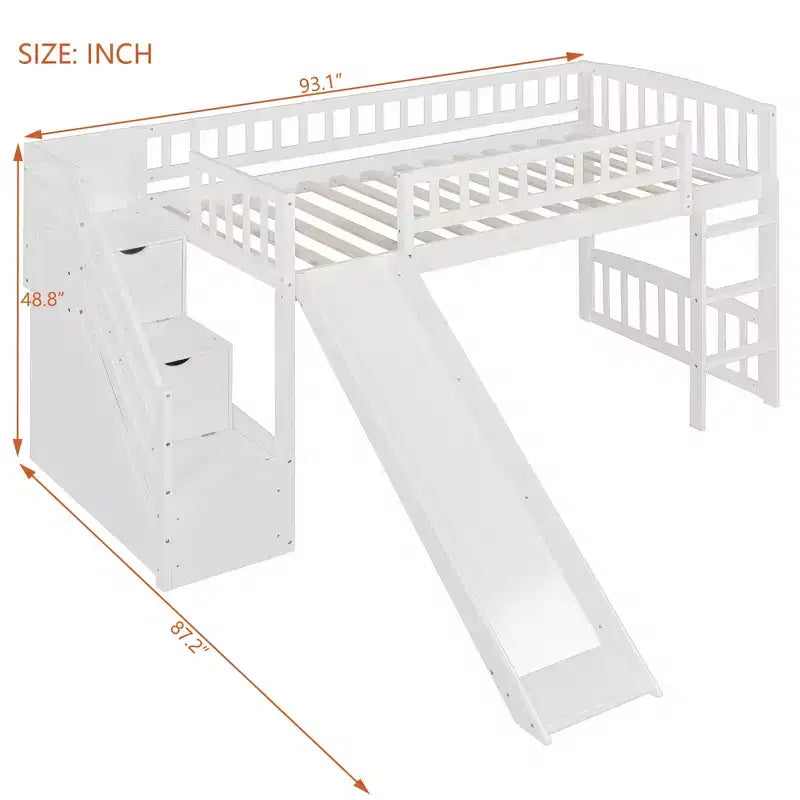Letto a soppalco singolo con scivolo, struttura in legno con scalini contenitore e sponde di sicurezza, ideale per camerette.