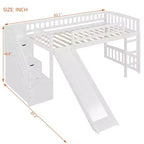 Letto a soppalco singolo con scivolo, struttura in legno con scalini contenitore e sponde di sicurezza, ideale per camerette.
