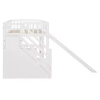 Letto a soppalco singolo con scivolo, struttura in legno con scalini contenitore e sponde di sicurezza, ideale per camerette.