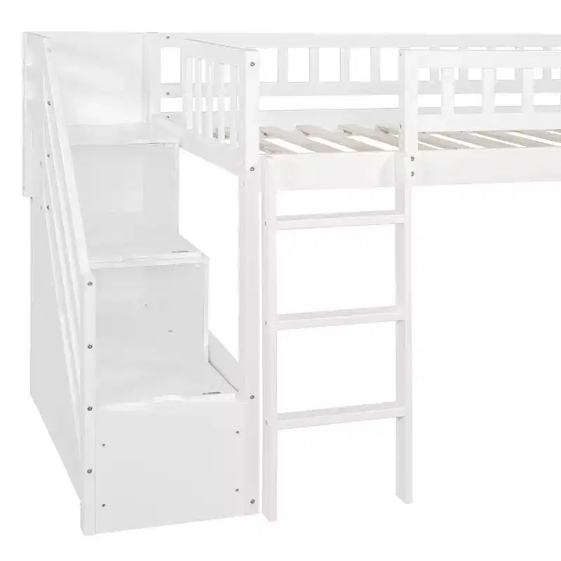 Letto a soppalco singolo con scivolo, struttura in legno con scalini contenitore e sponde di sicurezza, ideale per camerette.