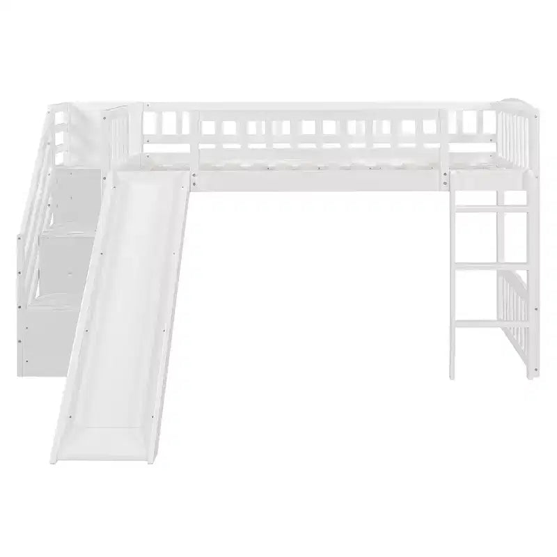 Letto a soppalco singolo con scivolo, struttura in legno con scalini contenitore e sponde di sicurezza, ideale per camerette.