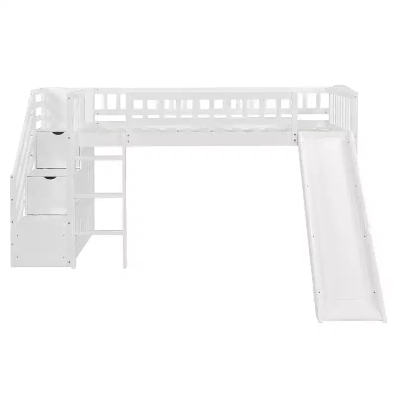 Letto a soppalco singolo con scivolo, struttura in legno con scalini contenitore e sponde di sicurezza, ideale per camerette.