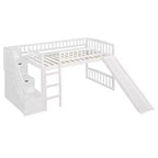 Letto a soppalco singolo con scivolo, struttura in legno con scalini contenitore e sponde di sicurezza, ideale per camerette.