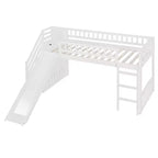 Letto a soppalco singolo con scivolo, struttura in legno con scalini contenitore e sponde di sicurezza, ideale per camerette.