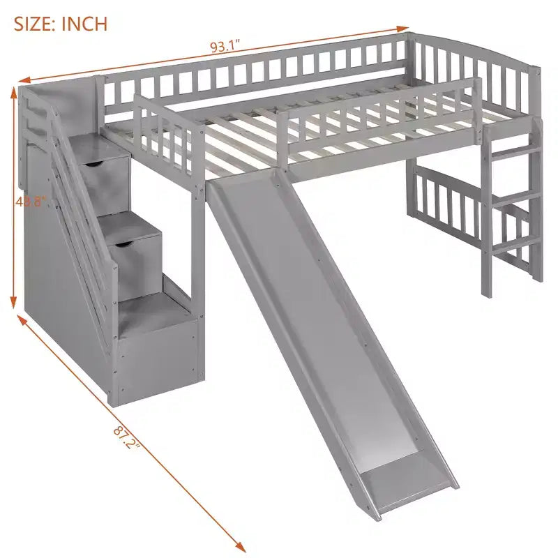 Letto a soppalco singolo con scivolo, struttura in legno con scalini contenitore e sponde di sicurezza, ideale per camerette.