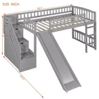 Letto a soppalco singolo con scivolo, struttura in legno con scalini contenitore e sponde di sicurezza, ideale per camerette.
