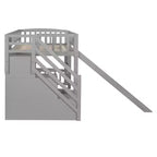 Letto a soppalco singolo con scivolo, struttura in legno con scalini contenitore e sponde di sicurezza, ideale per camerette.