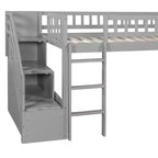 Letto a soppalco singolo con scivolo, struttura in legno con scalini contenitore e sponde di sicurezza, ideale per camerette.