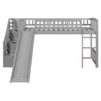 Letto a soppalco singolo con scivolo, struttura in legno con scalini contenitore e sponde di sicurezza, ideale per camerette.