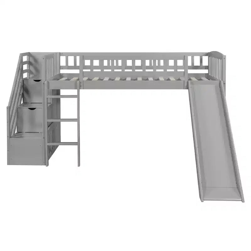 Letto a soppalco singolo con scivolo, struttura in legno con scalini contenitore e sponde di sicurezza, ideale per camerette.