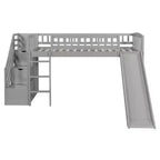 Letto a soppalco singolo con scivolo, struttura in legno con scalini contenitore e sponde di sicurezza, ideale per camerette.