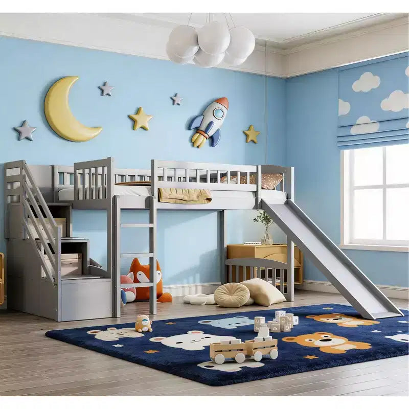 Bellemave Twin Size Loft Bed with Slide, Wood Bed Frame with Storage Stairs & Safety Guardrails, Ideal for Bedrooms.