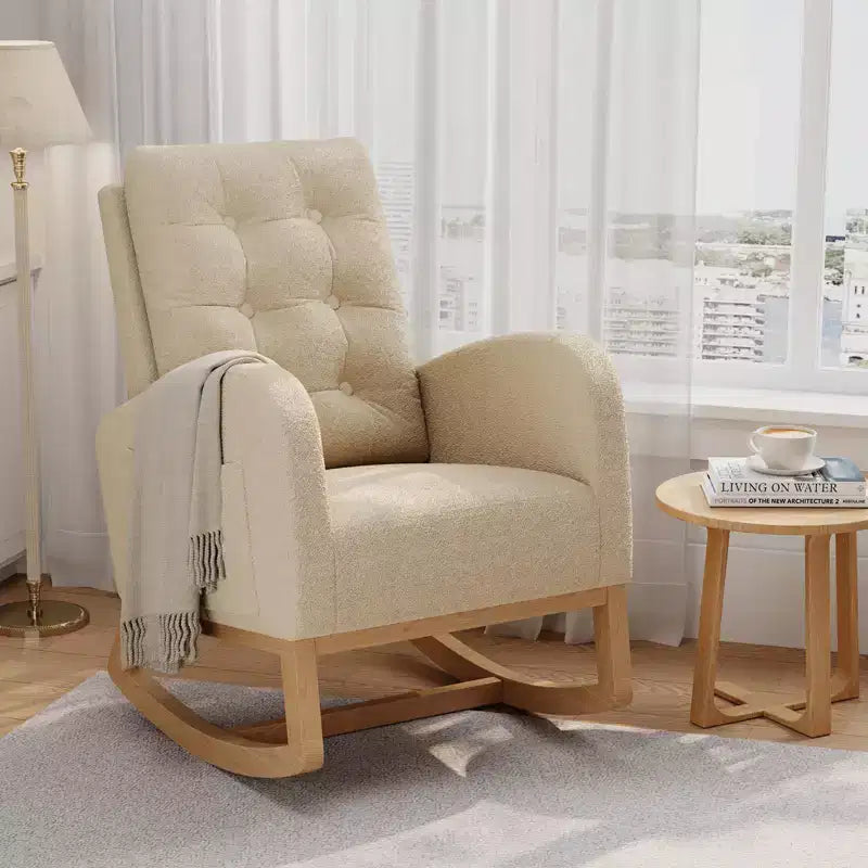 Moderna sedia a dondolo per cameretta, sedia a dondolo imbottita in boucle, comoda poltrona reclinabile a dondolo con tasca laterale, dondolo a scorrimento per soggiorno, camera da letto