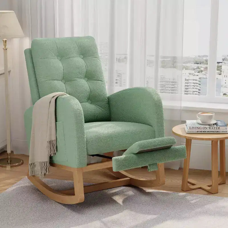 Moderna sedia a dondolo per cameretta, sedia a dondolo imbottita in boucle, comoda poltrona reclinabile a dondolo con tasca laterale, dondolo a scorrimento per soggiorno, camera da letto
