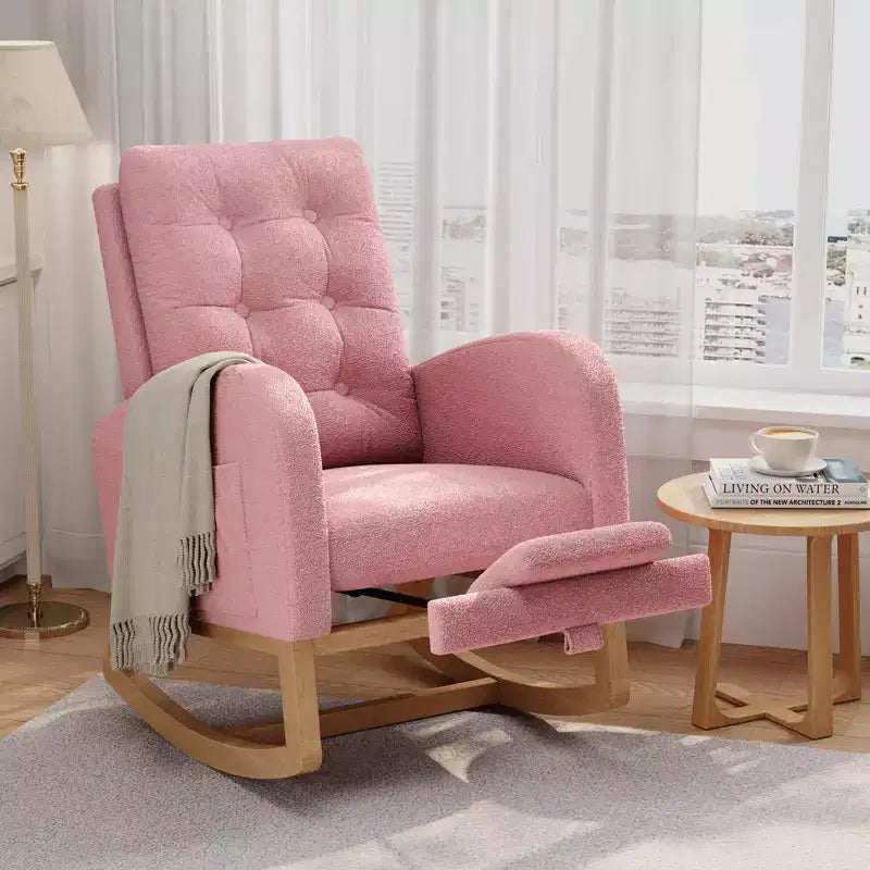 Moderna sedia a dondolo per cameretta, sedia a dondolo imbottita in boucle, comoda poltrona reclinabile a dondolo con tasca laterale, dondolo a scorrimento per soggiorno, camera da letto