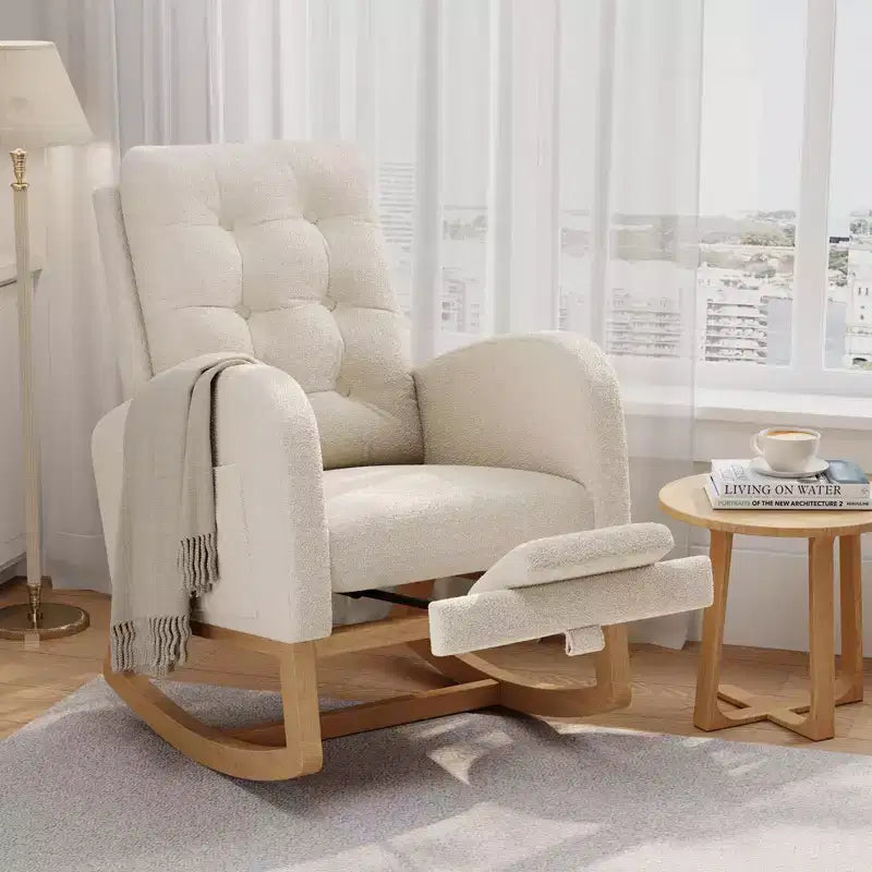Moderna sedia a dondolo per cameretta, sedia a dondolo imbottita in boucle, comoda poltrona reclinabile a dondolo con tasca laterale, dondolo a scorrimento per soggiorno, camera da letto