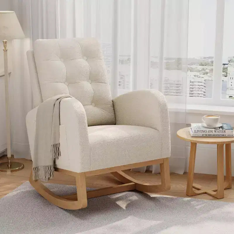 Moderna sedia a dondolo per cameretta, sedia a dondolo imbottita in boucle, comoda poltrona reclinabile a dondolo con tasca laterale, dondolo a scorrimento per soggiorno, camera da letto