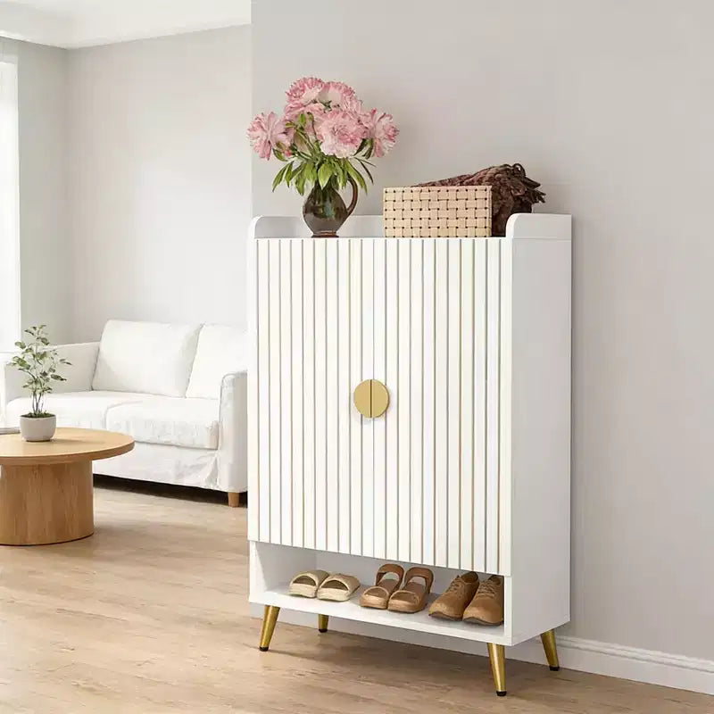 Scarpiera da 71 cm, scarpiera moderna, sette ripiani con ripiani regolabili, finitura effetto legno, design con porta girevole, bianca