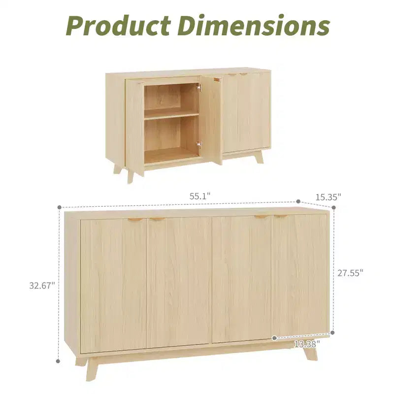 55.1 Mobile Credenza Madia con Ante e Ripiani Regolabili, Credenza Moderna a Scanalature con Spazio di Archiviazione, Tavolino da Caffè in Legno per Soggiorno