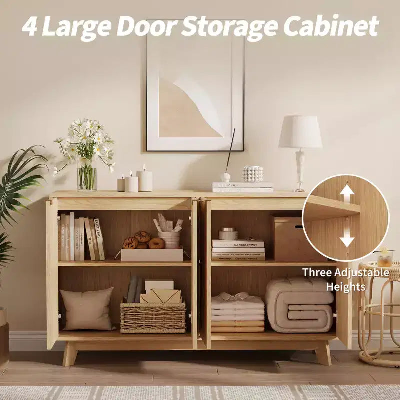55.1 Mobile Credenza Madia con Ante e Ripiani Regolabili, Credenza Moderna a Scanalature con Spazio di Archiviazione, Tavolino da Caffè in Legno per Soggiorno