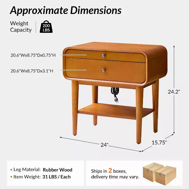 Tavolino con 2 cassetti e caricatore integrato, altezza 61 cm